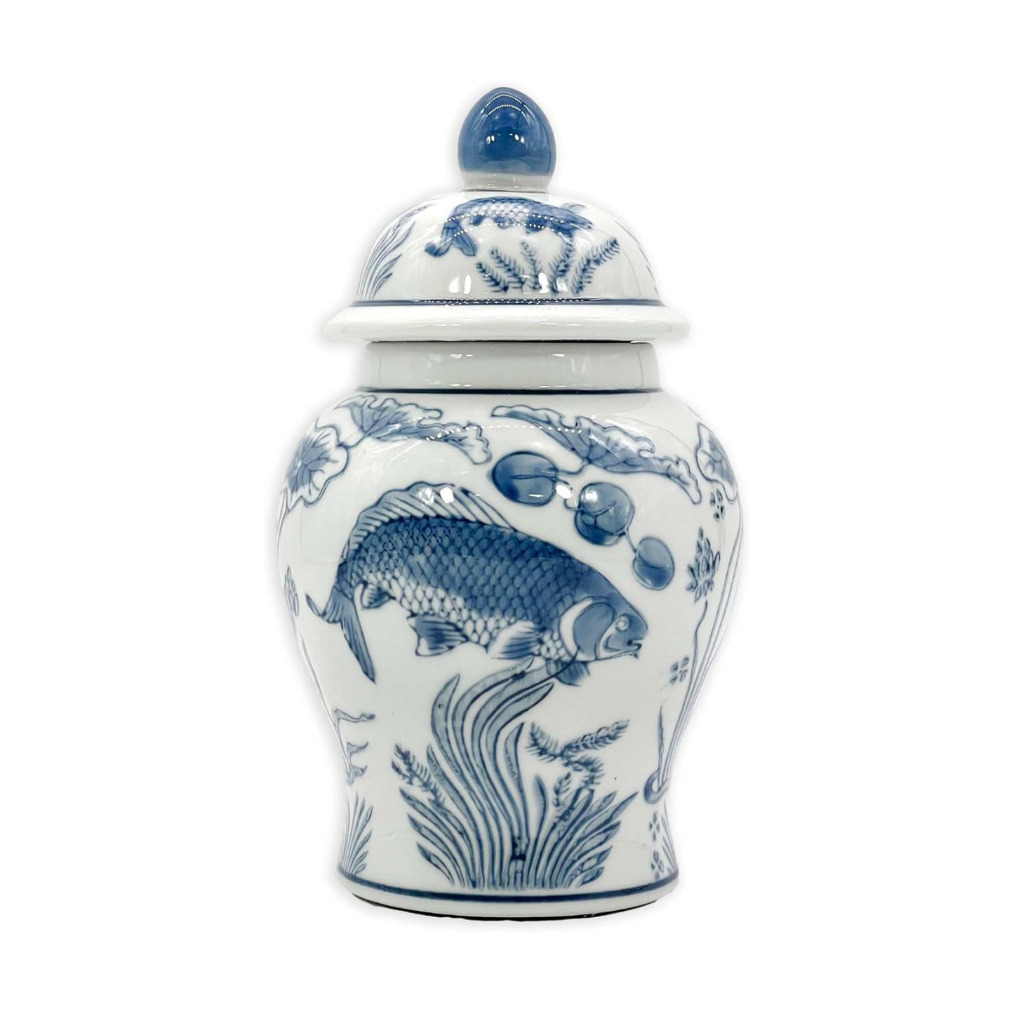 8" Ceramic Ginger Jar w/Lid / Slate Blue & White Koi