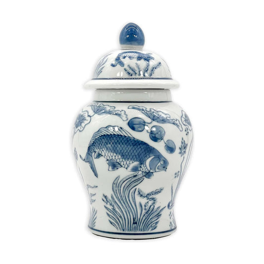 8" Ceramic Ginger Jar w/Lid / Slate Blue & White Koi