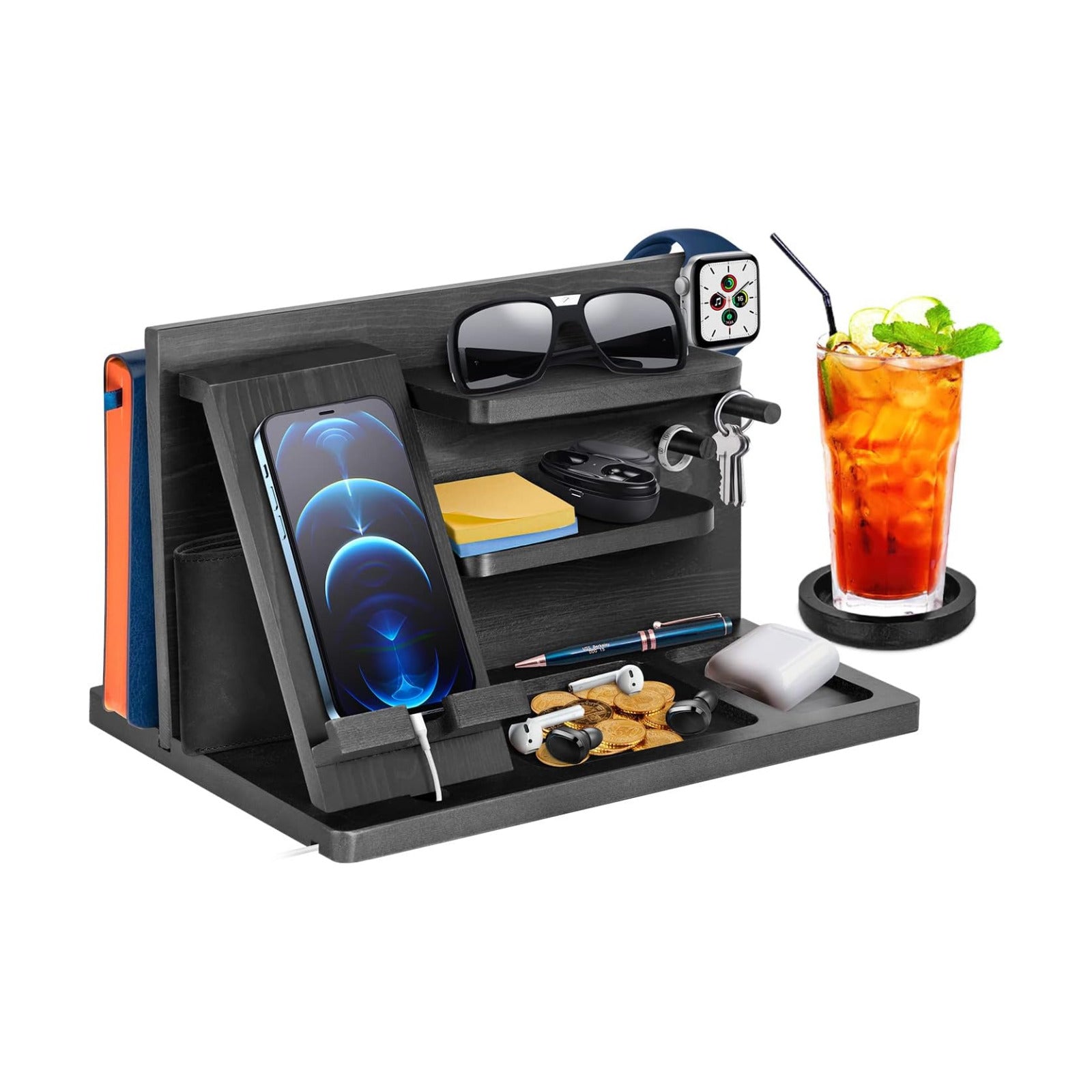 Gifts for Men Bedside Organiser Wood Phone Docking Station Dad Birthday Gifts for Him Nightstand Key Wallet Watch Stand