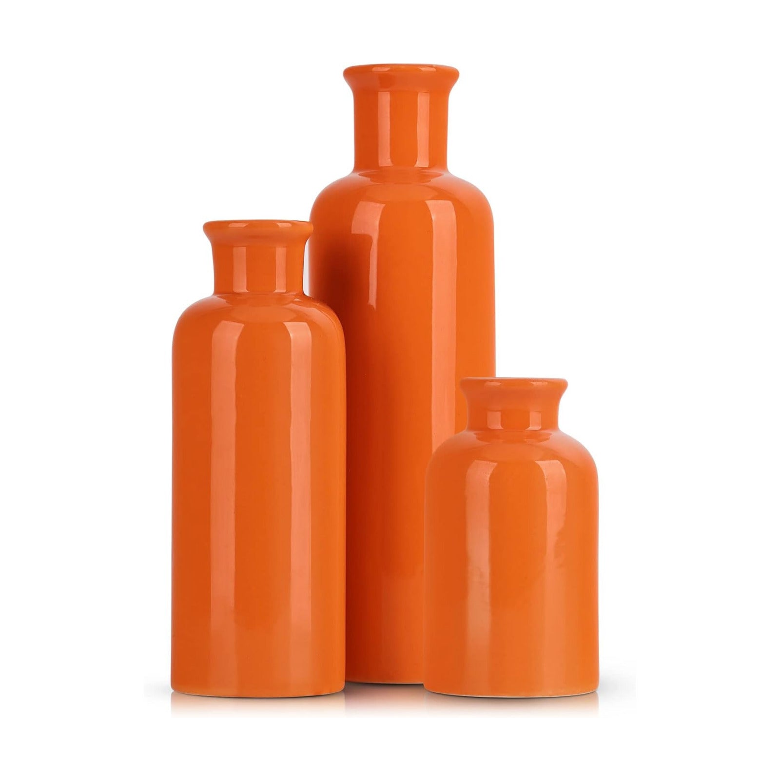 Ceramic Vase Set - 3 Orange Small Vases, Farmhouse Country Flower Vase Home Decor, Living Room Decoration, Table