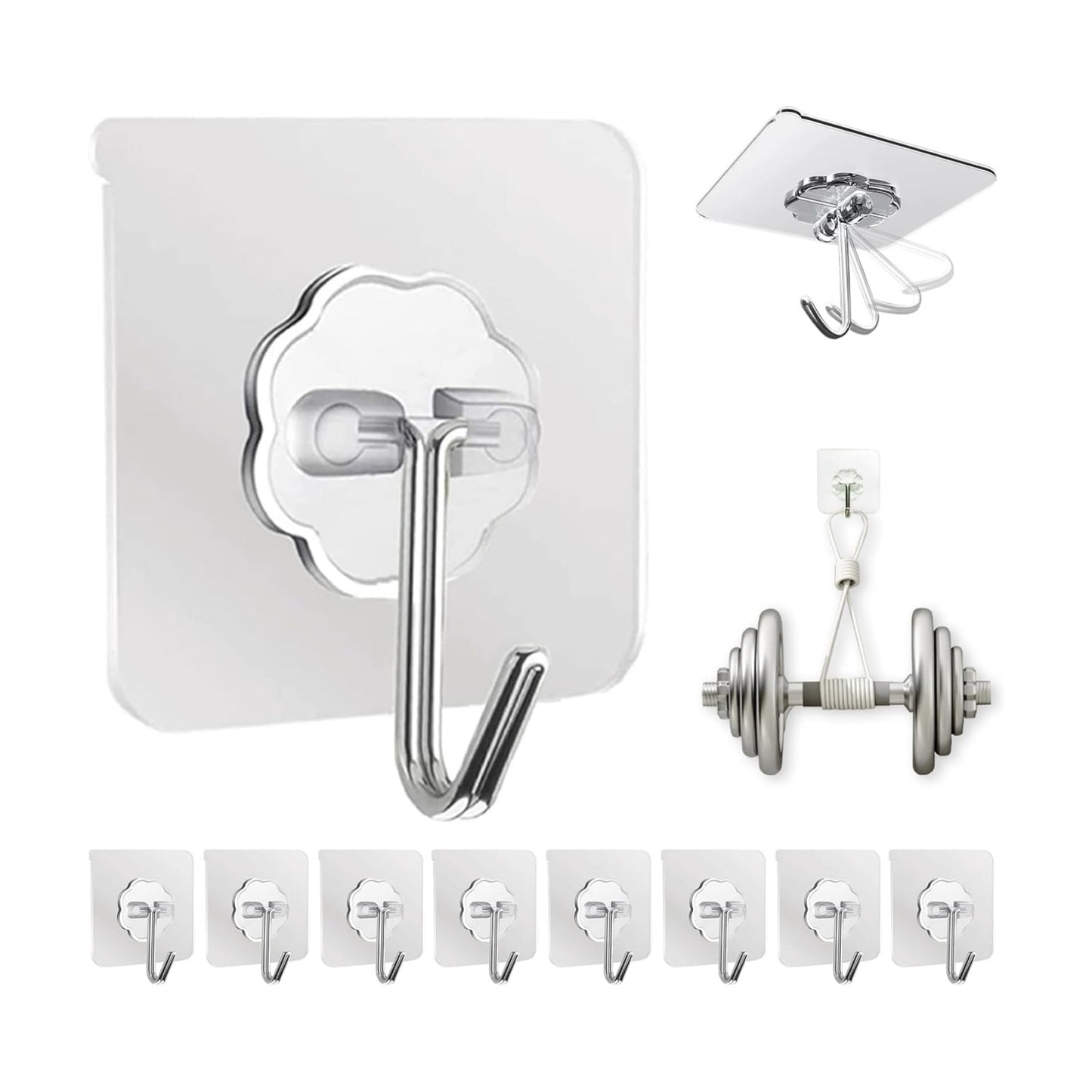 DDMY Adhesive Wall Hooks Clear 50lb(Max) Heavy Duty Hanging Sticky-10 Pack