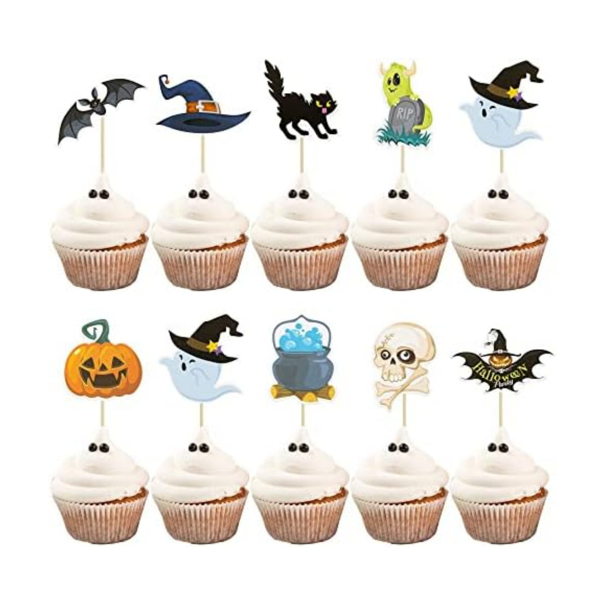 Gyufise 36Pcs Halloween Cupcake Toppers Halloween Pumpkin Cat Bat Ghost Cake Decorations for Theme Babyshower Kids Birthday Party Supplies
