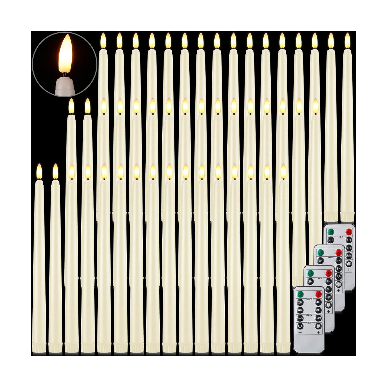 Reginary 48 Pcs Flameless Taper Candles with 4 Remote,Ivory,11 Inches | Battery Operated Timer Function, Flickering 3D