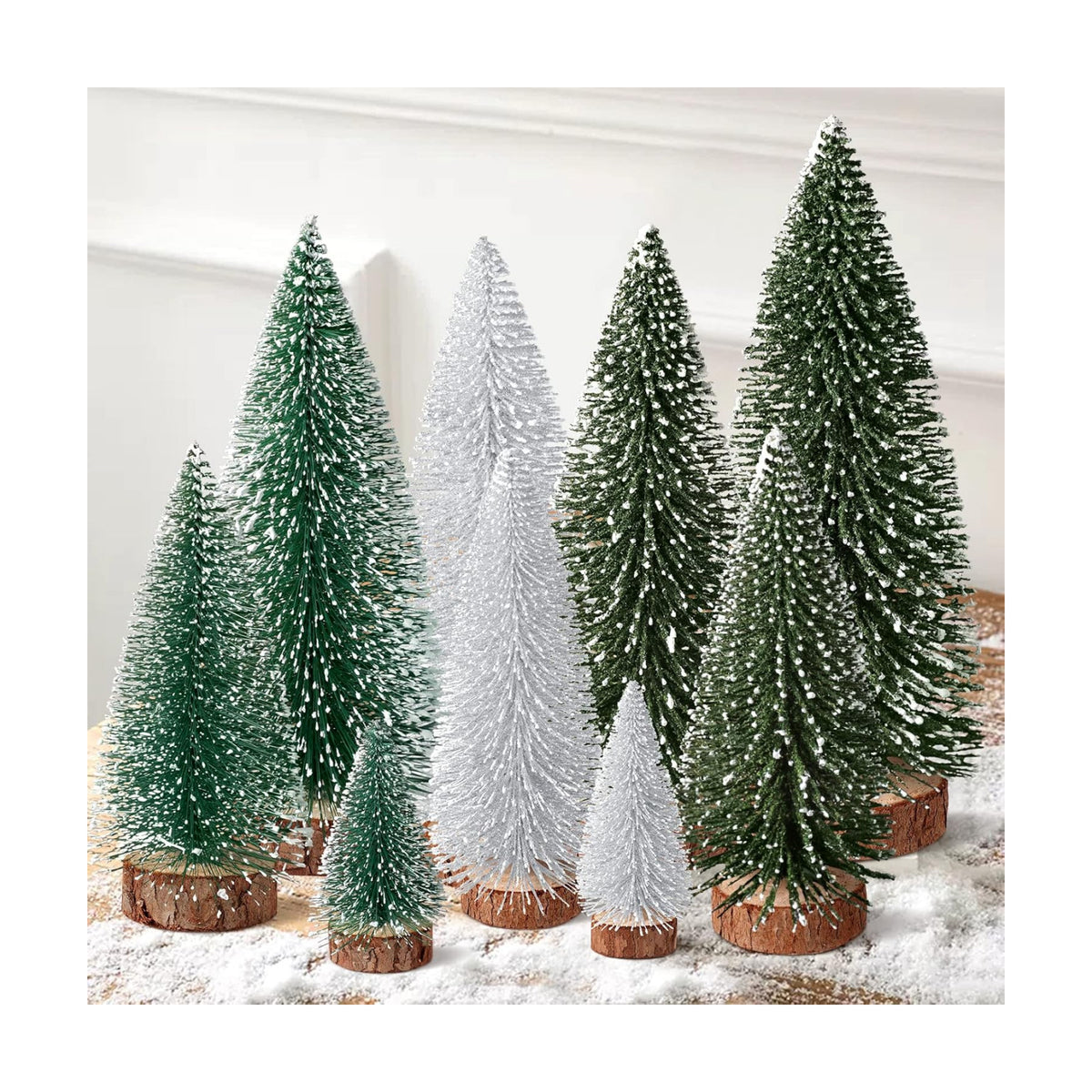 9Pcs Mini Christmas Trees Christmas Decor Artificial Christmas Decorations with 4 Sizes, Christmas Tree Bottle Brush Trees Christmas Table Decorations (Green Silver)