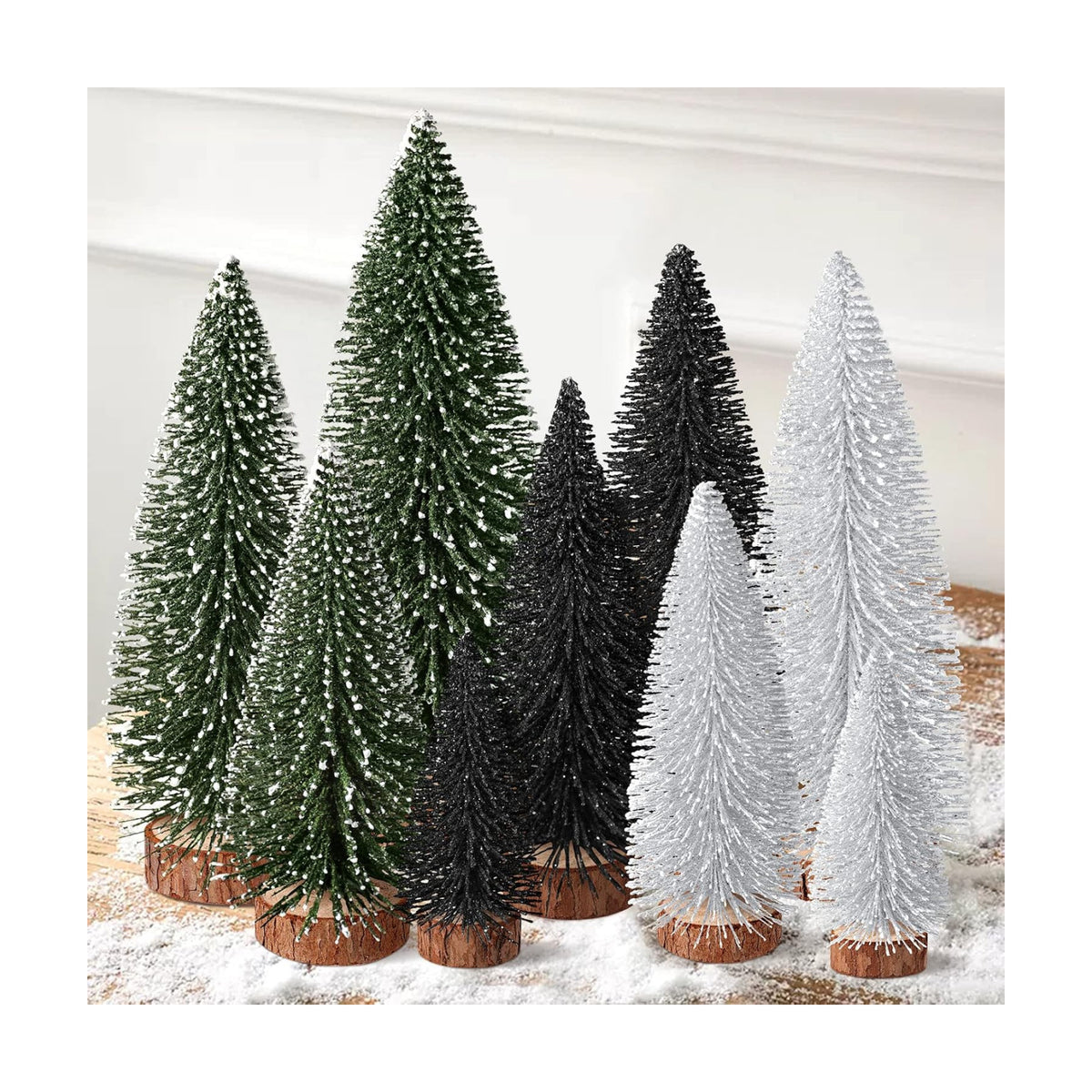 9Pcs Mini Christmas Trees Christmas Decor Artificial Christmas Decorations with 4 Sizes, Christmas Tree Bottle Brush Trees Christmas Table Decorations (Green Silver Black)