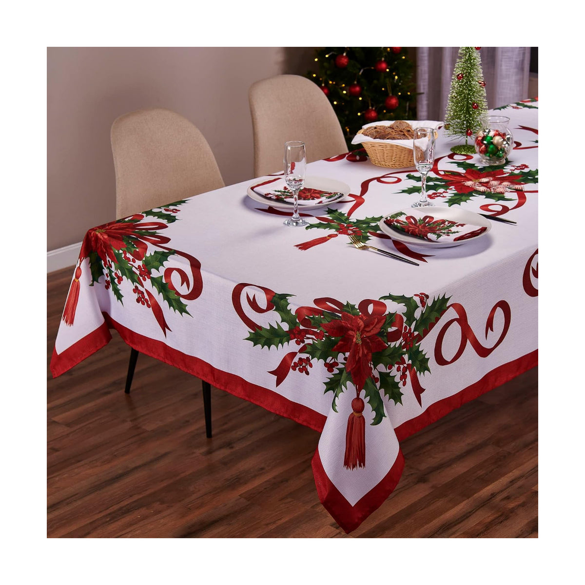 Kadut Christmas Ribbon Tablecloth (60 x 102 Inch) for 6 Foot Rectangle Tables, Heavy Duty Fabric, Stain Proof Xmas Ribbon Table Cloth for Harvest, Holiday, and Fall, & Christmas Dinner.