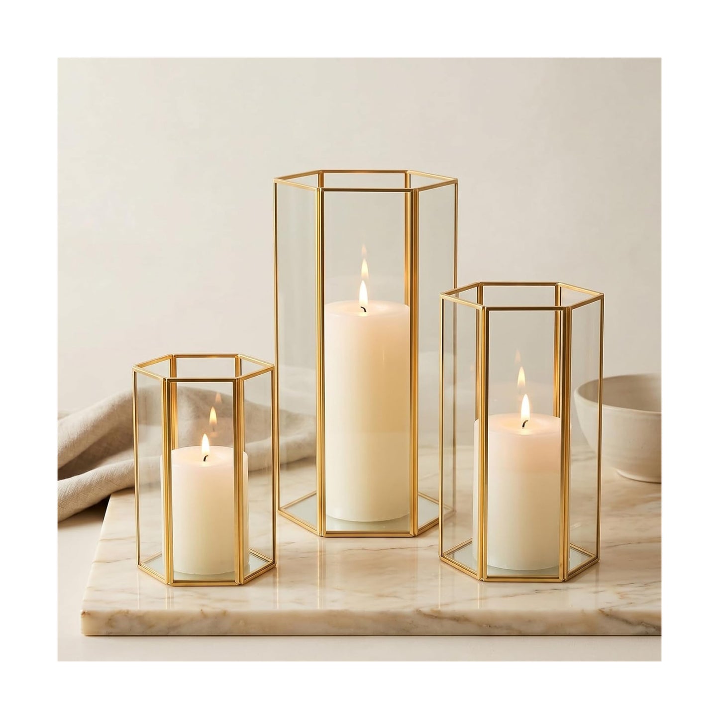 Gold Glass Hurricane Candle Holder Set of 3 Large Clear Hexagon Lanterns | Pillar Candle Lantern with Gold Metal Frame