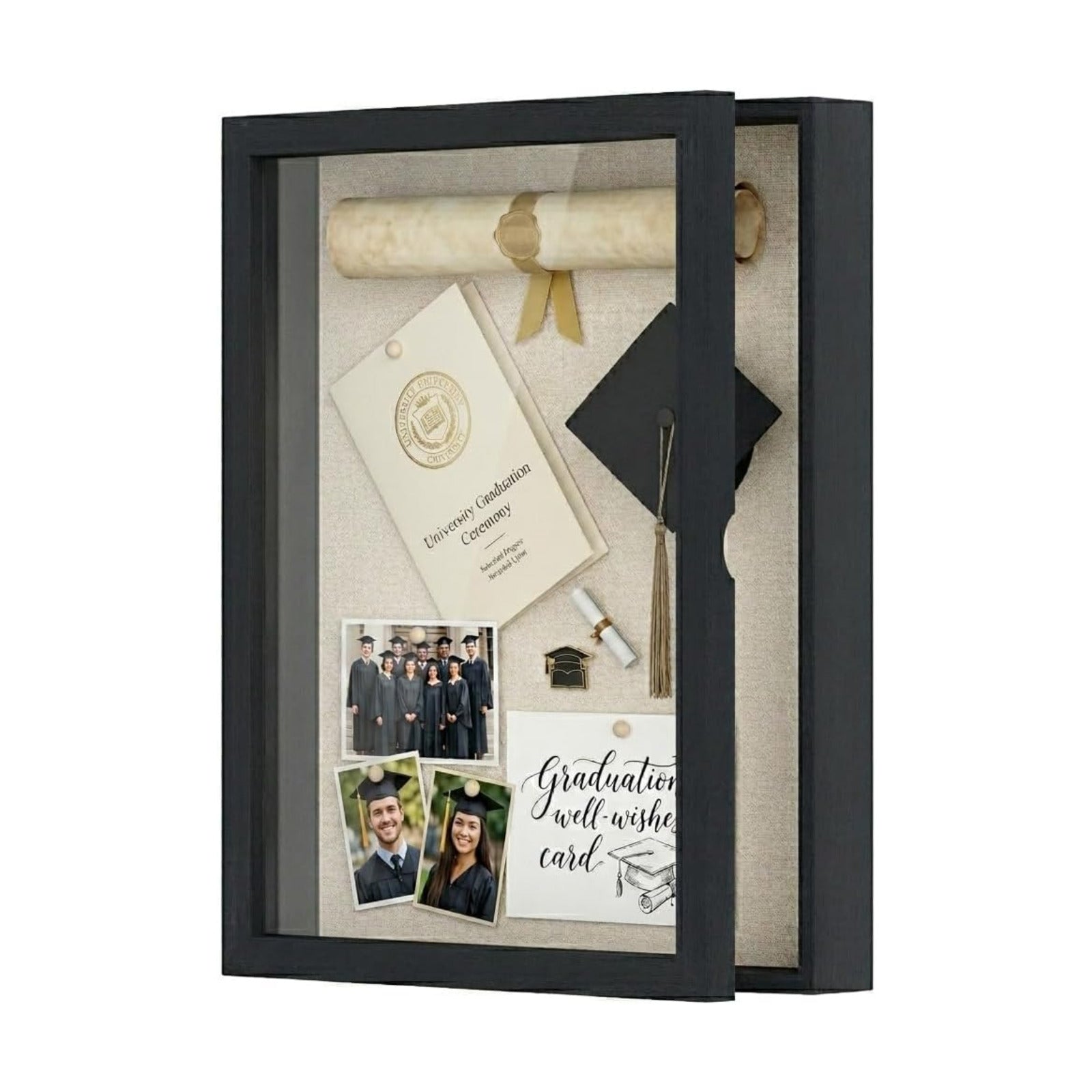Love-KANKEI Deep Large Shadow Box 13x16.5,Solid Wood Frame,Memory Box,Black | Front-Opening Glass Magnetic Door,Linen