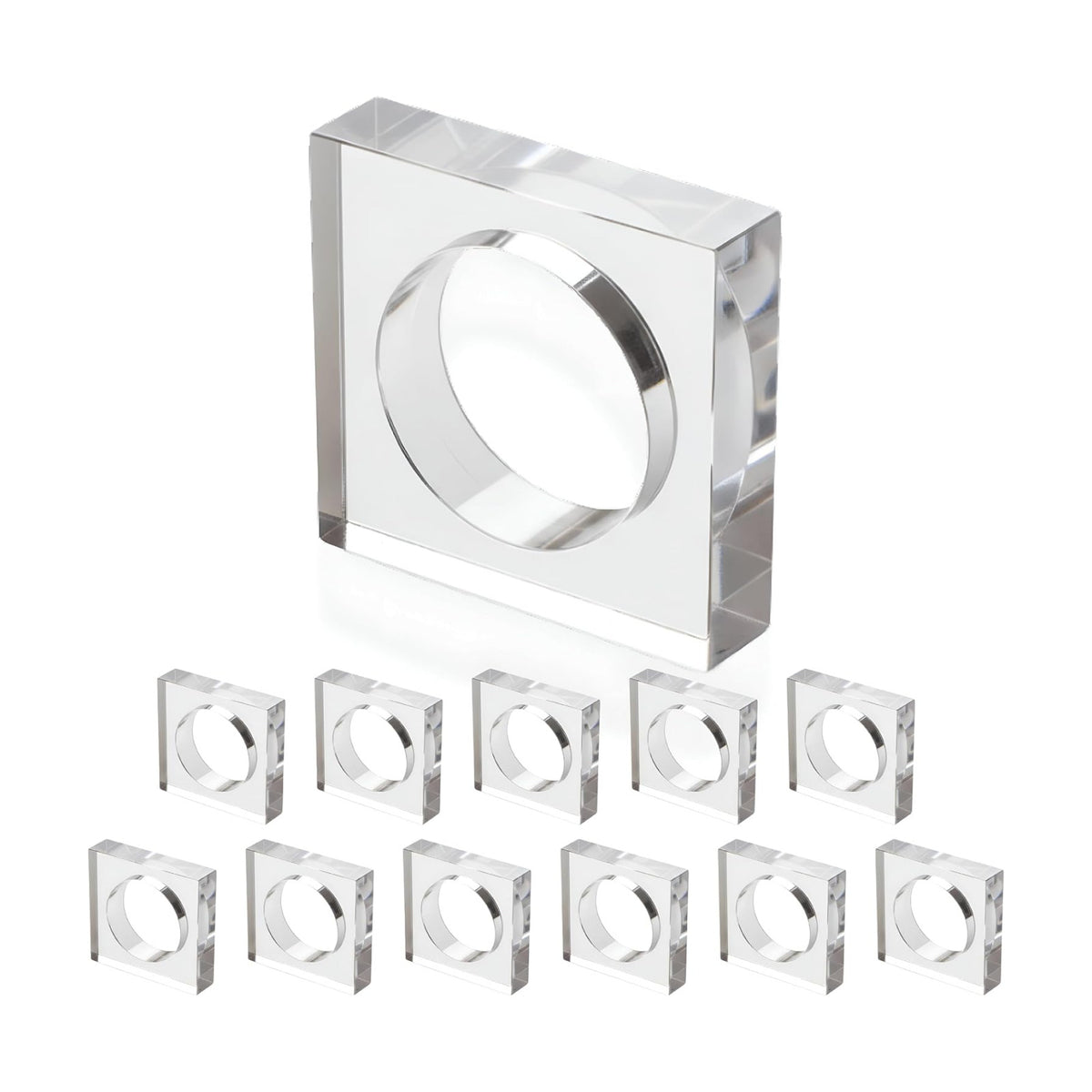 Acrylic Square Napkin Rings, Beveled, 12-Pack, Clear | Premium clear acrylic, 2.25x2.25x0.5 in each, glossy