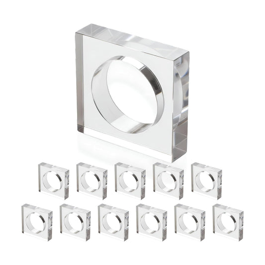 Acrylic Square Napkin Rings, Beveled, 12-Pack, Clear | Premium clear acrylic, 2.25x2.25x0.5 in each, glossy