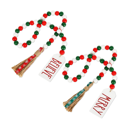 Christmas Wooden Bead Garlands Green White Wood Beads / Red / Set of 2