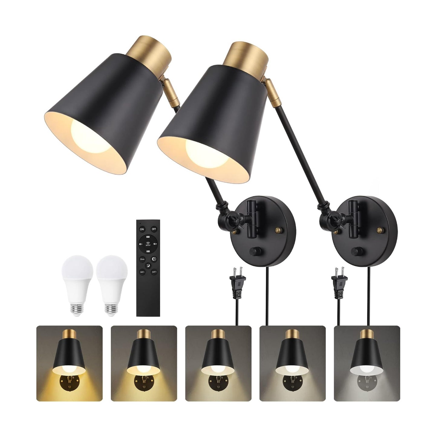 Plug in Wall Sconces with Remote, Adjustable Colors 2700K-6500K & Brightness 10%-100%, Swing Arm Wall Lamp, Wall