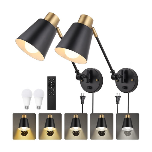 Plug in Wall Sconces with Remote, Adjustable Colors 2700K-6500K & Brightness 10%-100%, Swing Arm Wall Lamp, Wall