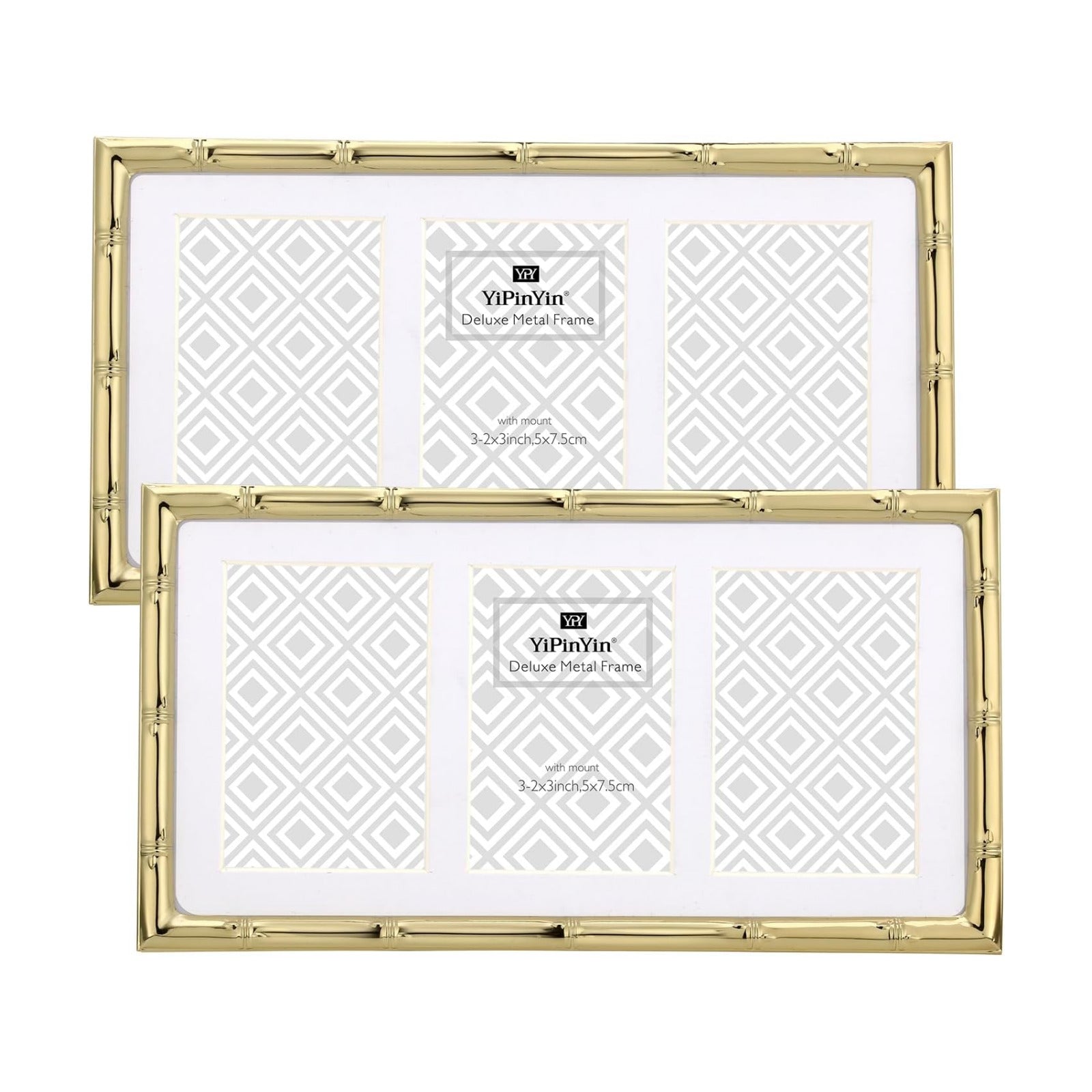 YiPinYin Gold 3-2x3'' Multi Bamboo Detail Designs Metal Picture Frame 3 Section Frame 2pack,Baby Nurse frames With Soft