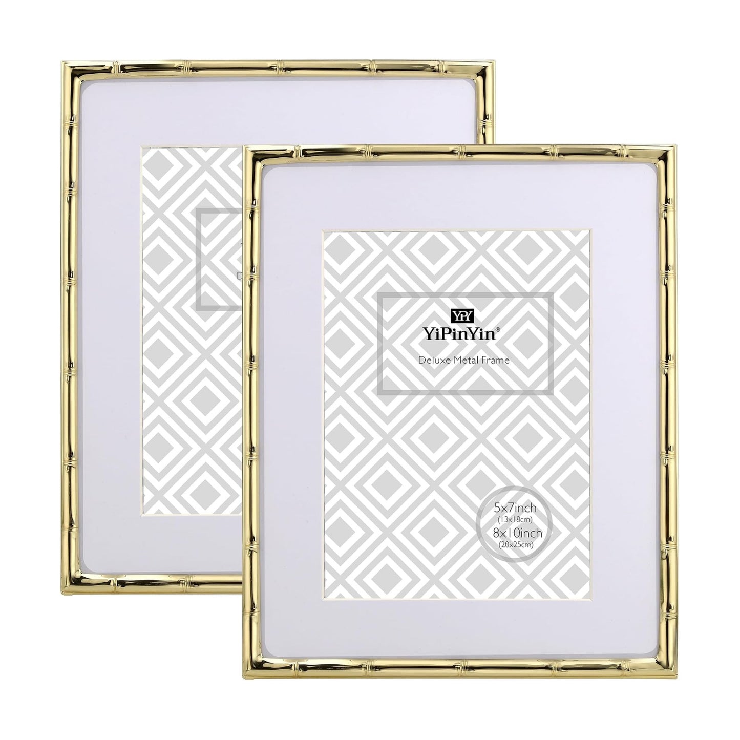 YiPinYin 8x10'' Bamboo Detail Gold Metal Picture Frame with Acid Free Mat for 5x7'' Set of 2,Elegant Narrow Plated