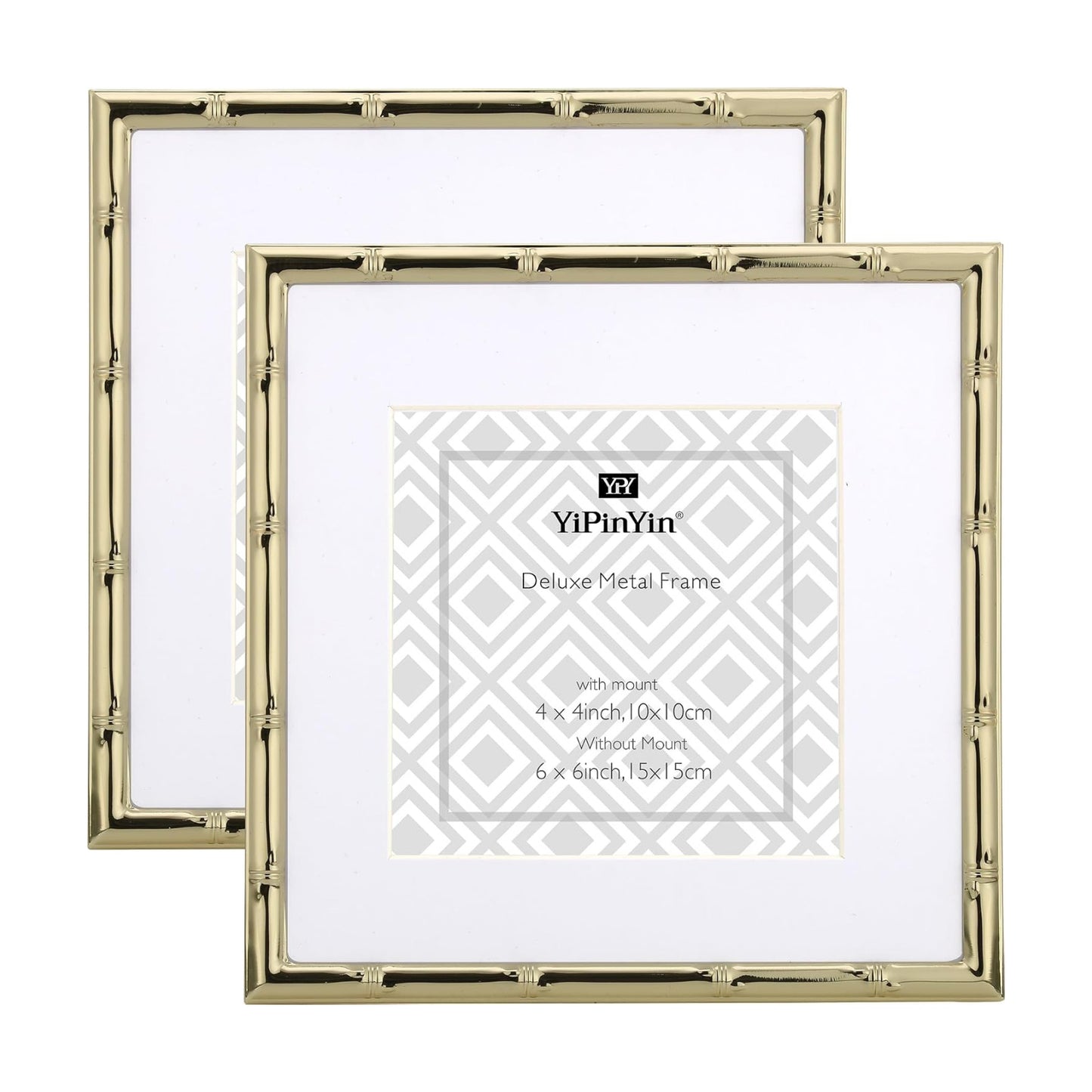 YiPinYin 6x6'' Sqaure Gold Metal Picture Frame With Mat for 4x4'' Set of 2, Bamboo Detail Designs Gold Plated Photo