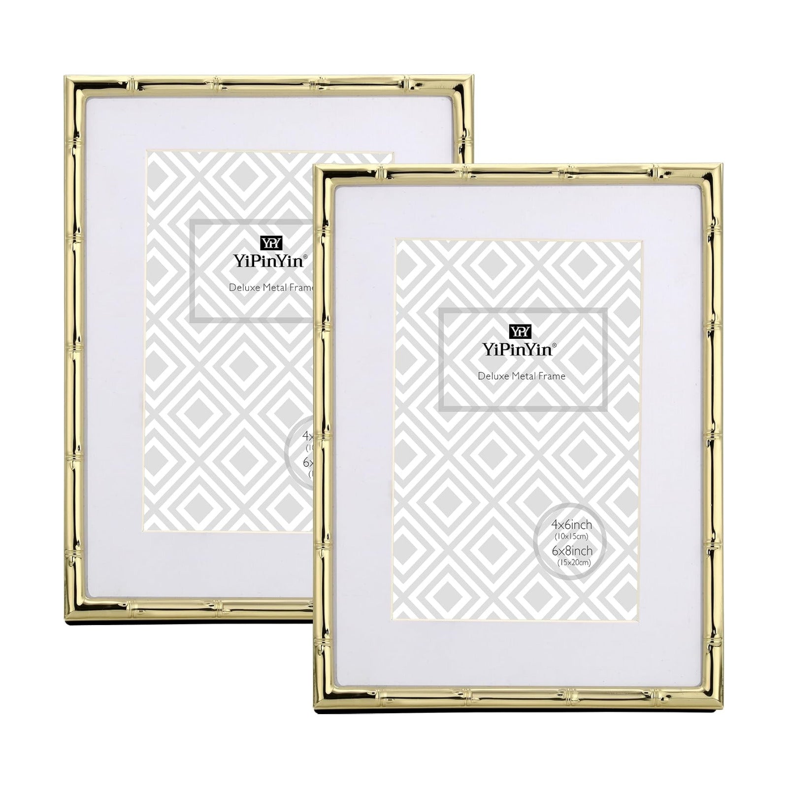 YiPinYin 6x8‘’ Bamboo Detail Gold Metal Picture Frame 2pack,6x8'' Gold Plated Photo Frames Mat for 4x6‘',with Soft