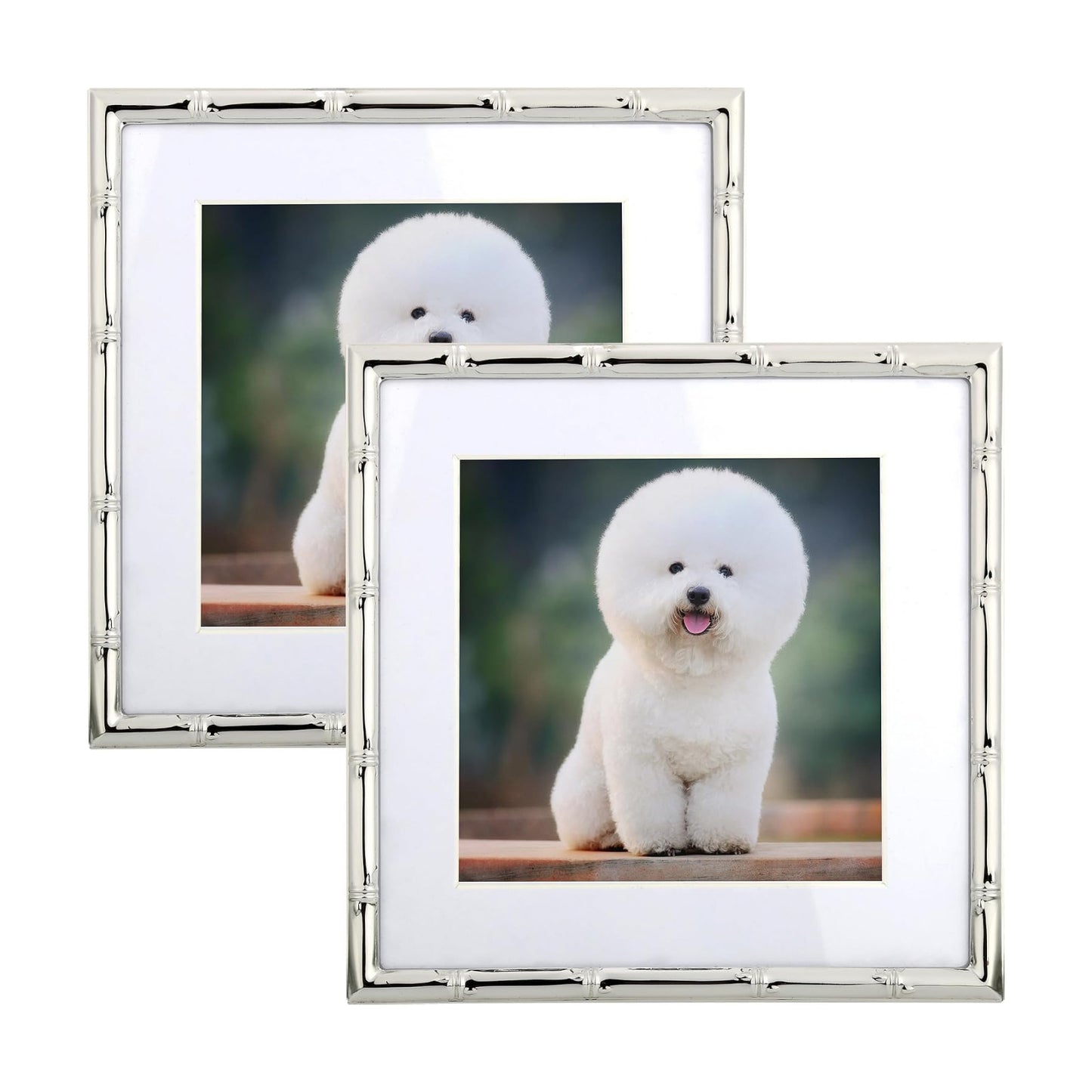 YiPinYin 6x6'' Bamboo Detail Sqaure Silver Metal Picture Frame With Mat for 4x4'' Set of 2, Narrow Silver Plated Photo