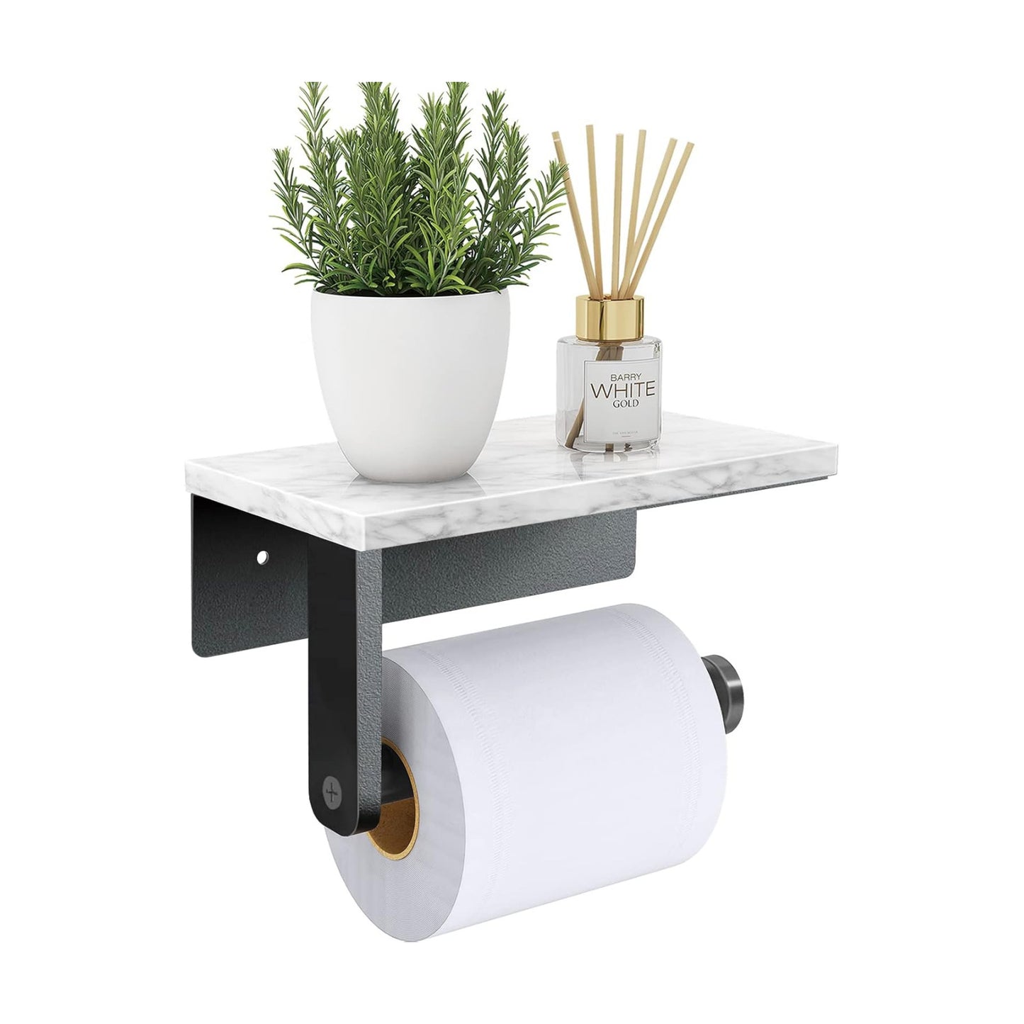 Gypie Marble Toilet Paper Holder with Shelf, Wall Mounted Matte Black | Stainless Steel Tissue Roll Paper Holder