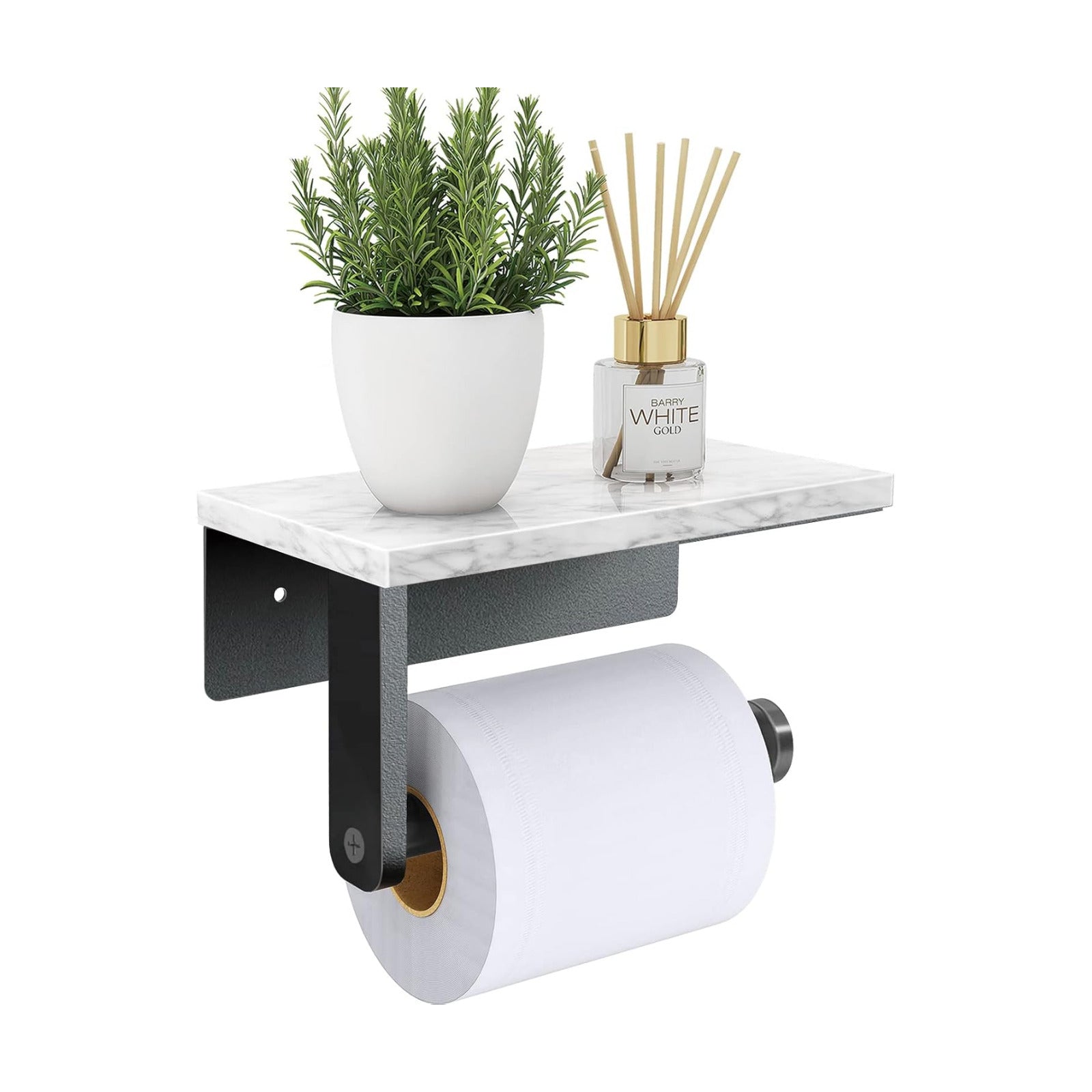 Gypie Marble Toilet Paper Holder with Shelf, Wall Mounted Matte Black | Stainless Steel Tissue Roll Paper Holder