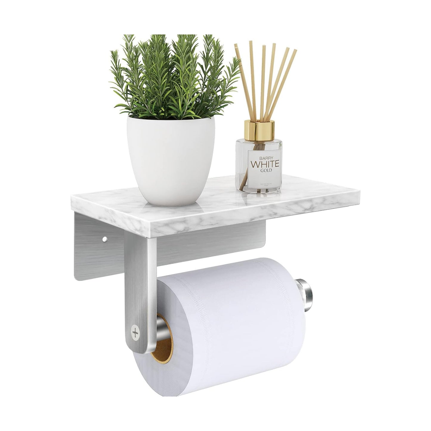 Gypie Toilet Paper Holder with Marble Shelf, Wall Mounted Brushed Nickel | Stainless Steel Tissue Roll Paper Holder