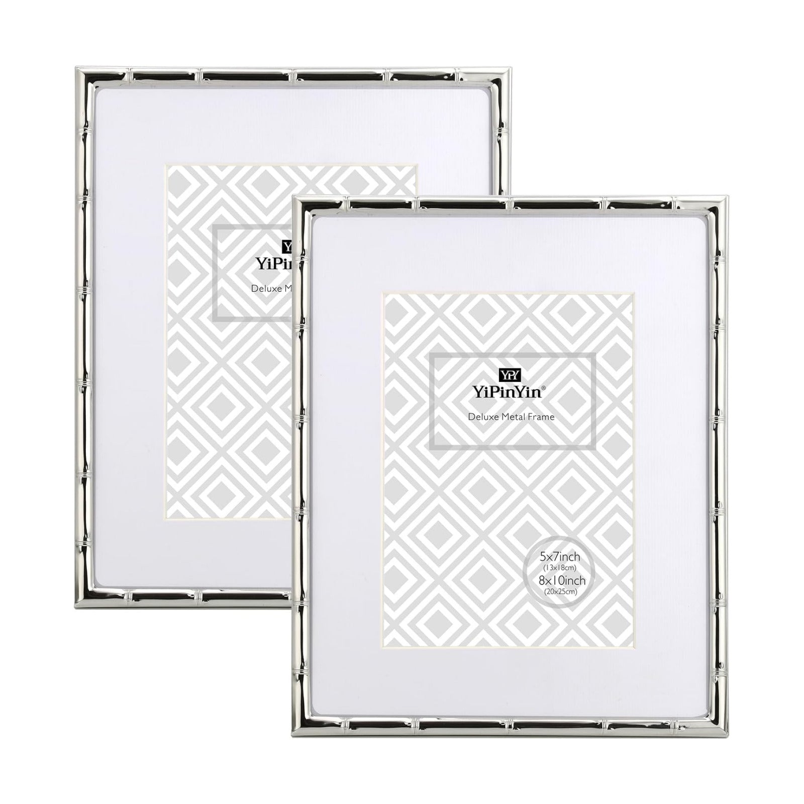 YiPinYin 8x10'' Bamboo Detail Designs Silver Metal Picture Frame with Mat for 5x7'' Set of 2,Narrow Silver Plated Photo