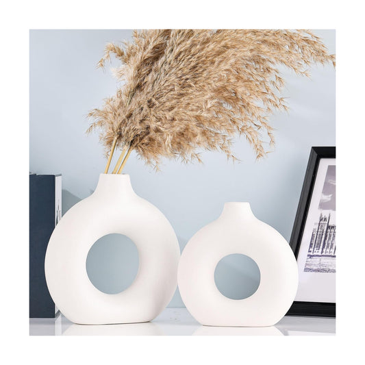 Ceramics Vase / Minimalist Nordic Hollow Donut Vase / White / Set of 2