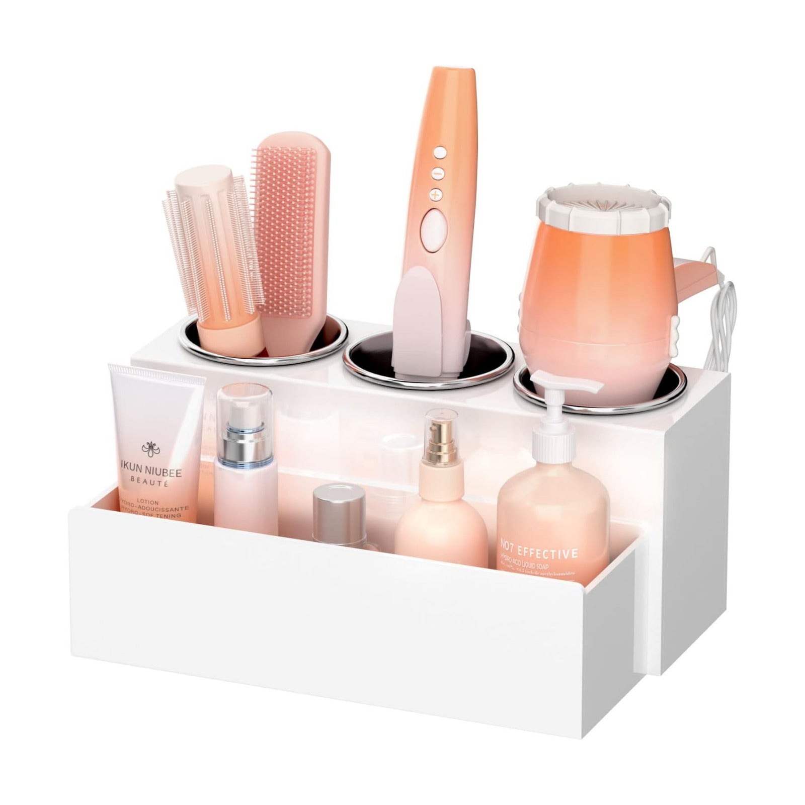 NIUBEE Acrylic Hair Tool Organizer,Hair Blow Dryer Holder with 3 Cups,White | Acrylic Hot Tools Organizer,Hair