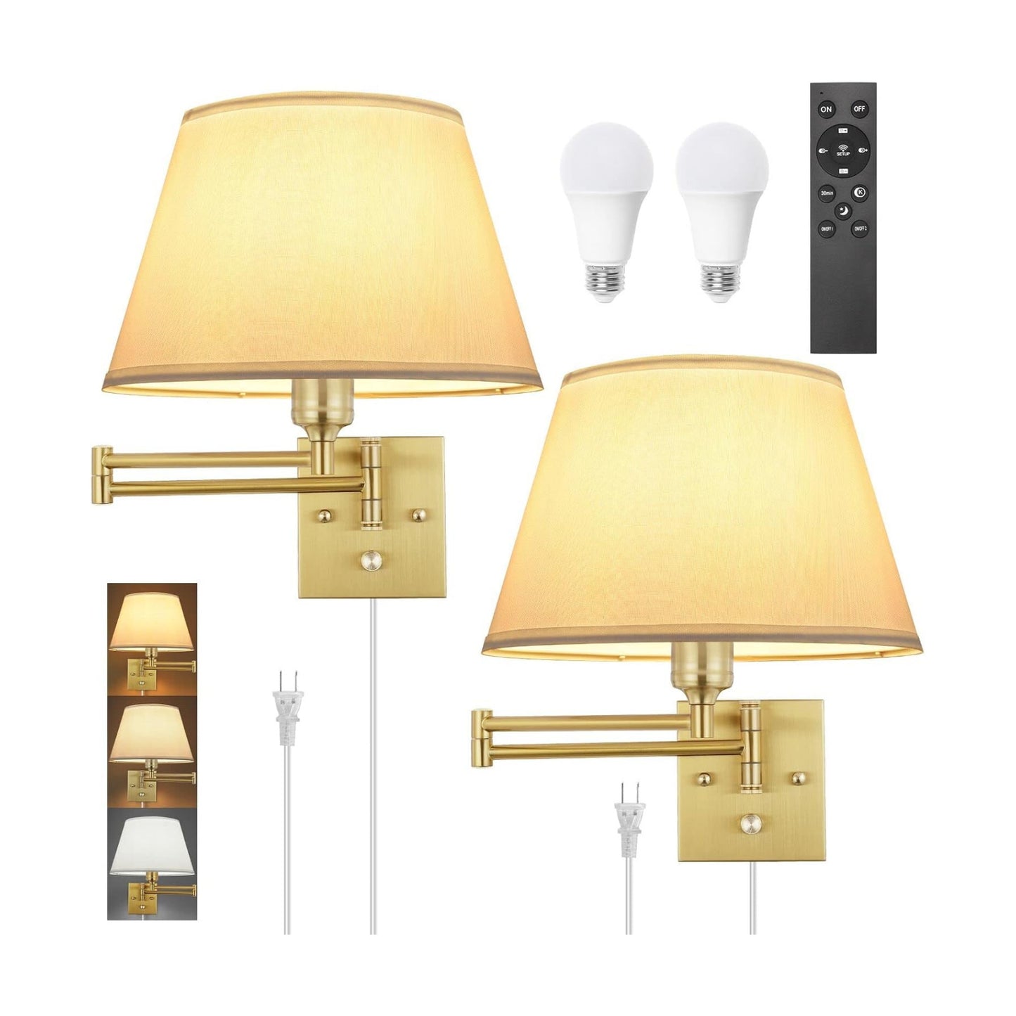 TRLIFE Remote Control Dimmable Wall Sconce, Adjustable Color Temperature 2700K-6500K Brushed Brass Swing Arm Wall