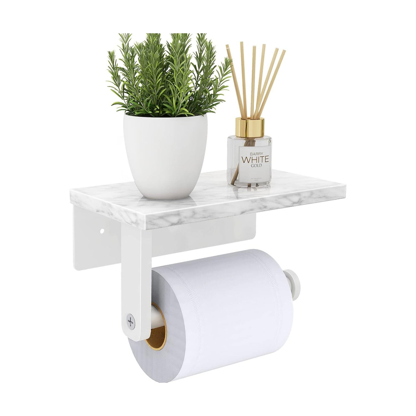 Gypie Toilet Paper Holder with Marble Shelf, Wall Mounted White | Stainless Steel, Tissue Roll Paper Holder Dispenser