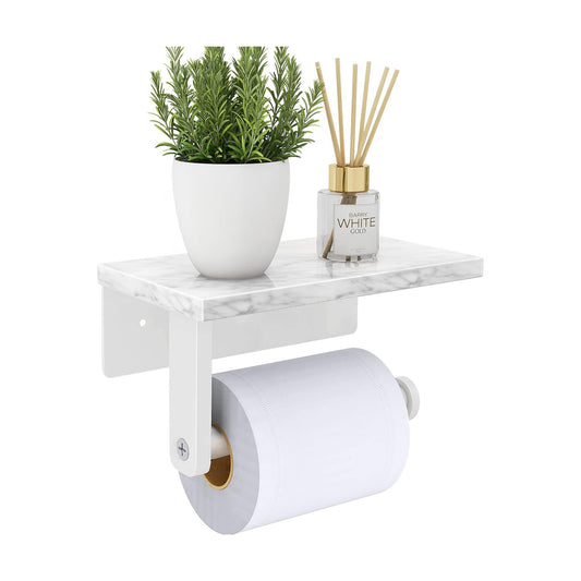 Gypie Toilet Paper Holder with Marble Shelf, Wall Mounted White | Stainless Steel, Tissue Roll Paper Holder Dispenser