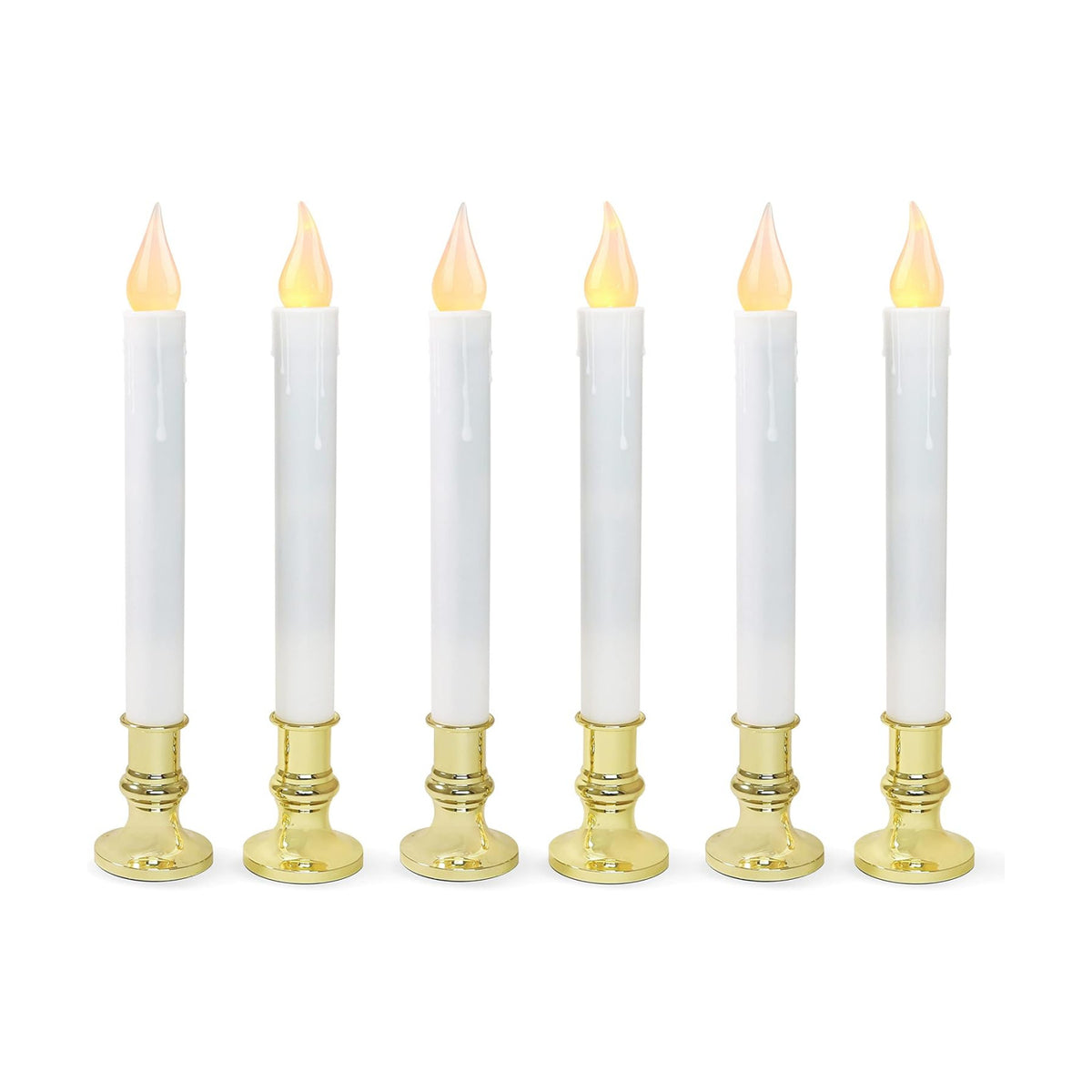White 9.9" LED Taper Candles w/Gold Holders, 6-Pack | White flameless taper candles with gold holders, 5/19 auto timer