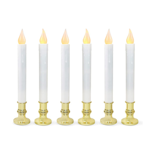 White 9.9" LED Taper Candles w/Gold Holders, 6-Pack | White flameless taper candles with gold holders, 5/19 auto timer