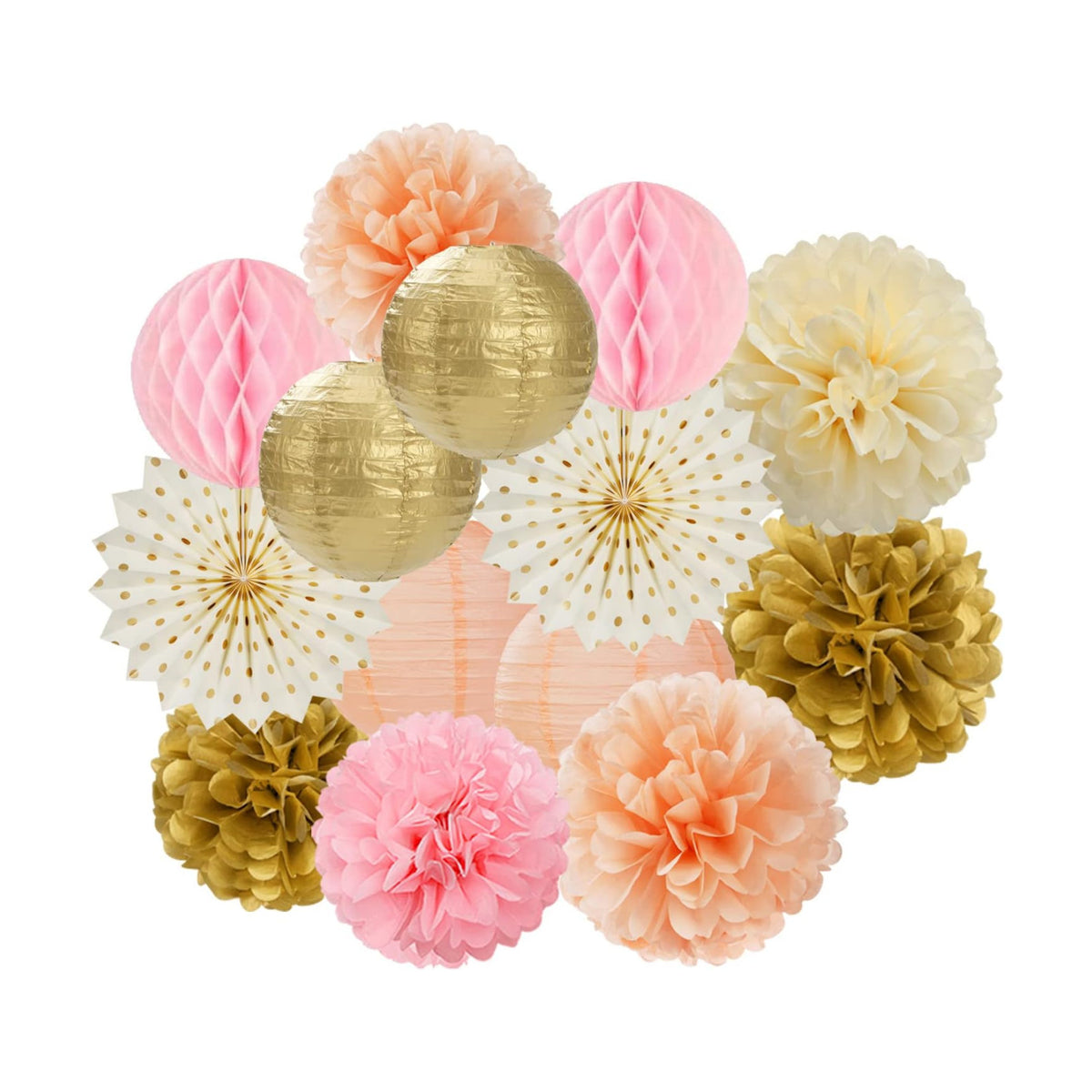 Pink Peach Gold Party Decorations - 14pcs Bridal Baby Shower Girls Birthday Paper Lanterns Fan,Tissue Pom Poms Streamers,Honeycomb Balls,Engagement Wedding Bachelorette Brunch Decor Lasting Surprise