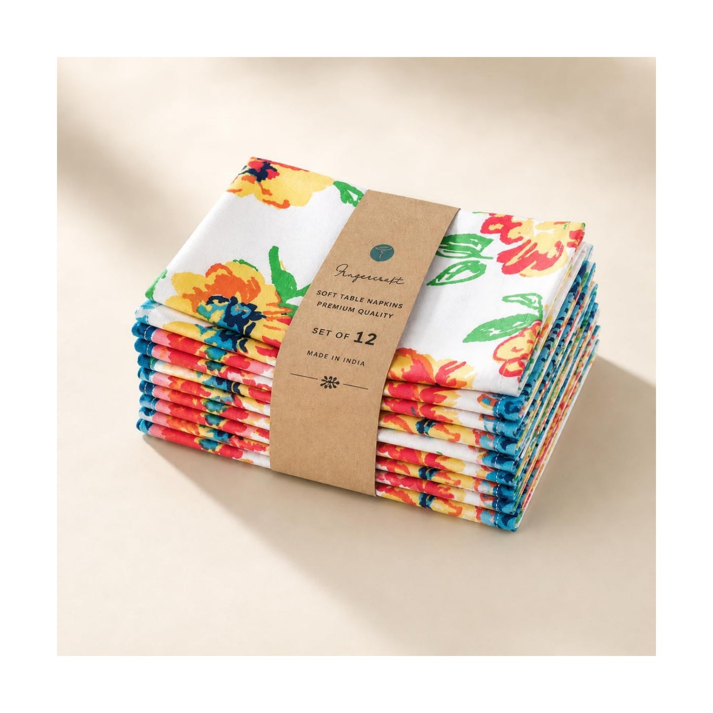 FINGERCRAFT Cloth Napkins Set of 12 Cotton Linen, 20x20 Inch, Bloom Flower | Mitered corner, washable, soft, absorbent
