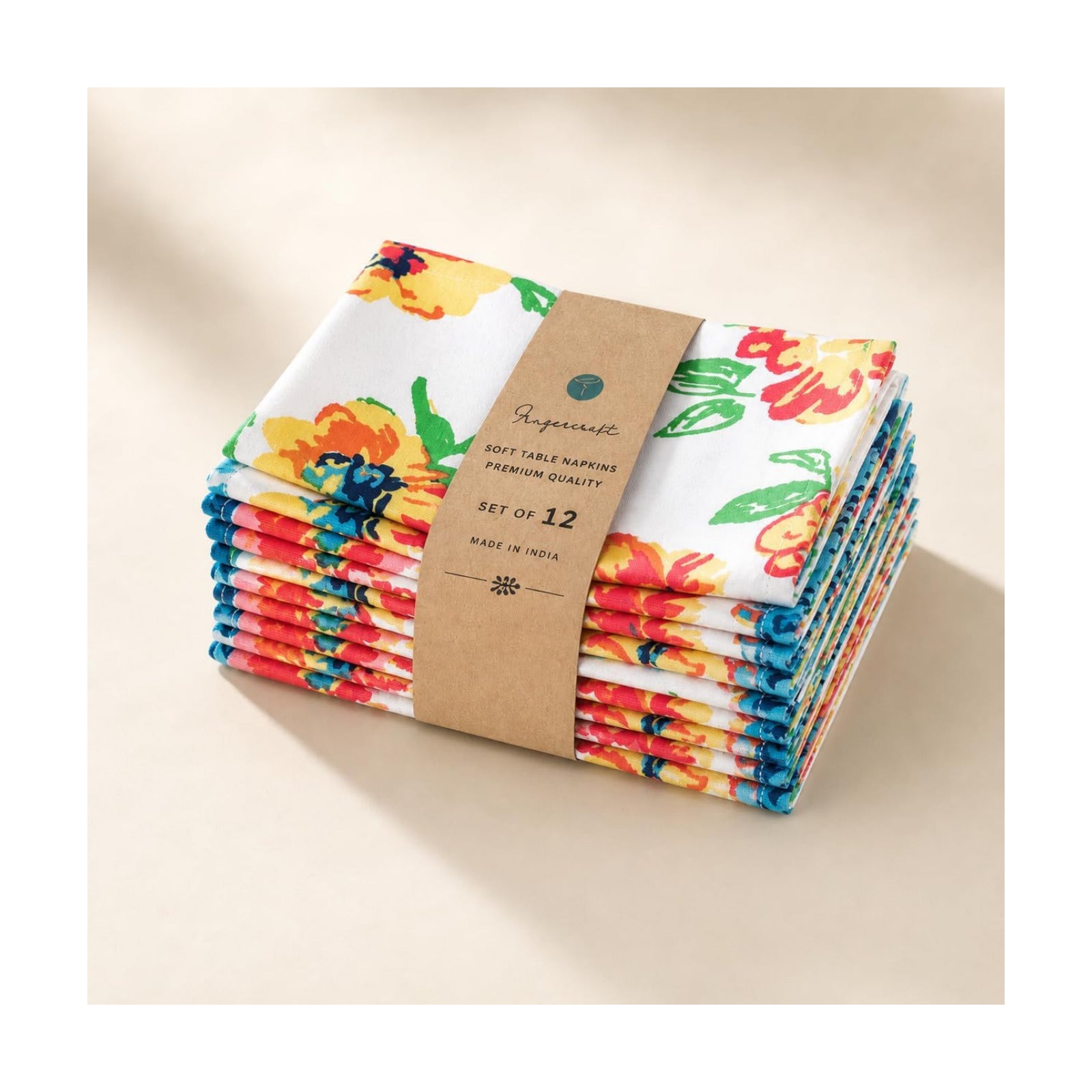 FINGERCRAFT Cloth Napkins Set of 12 Cotton Linen, 20x20 Inch, Bloom Flower | Mitered corner, washable, soft, absorbent