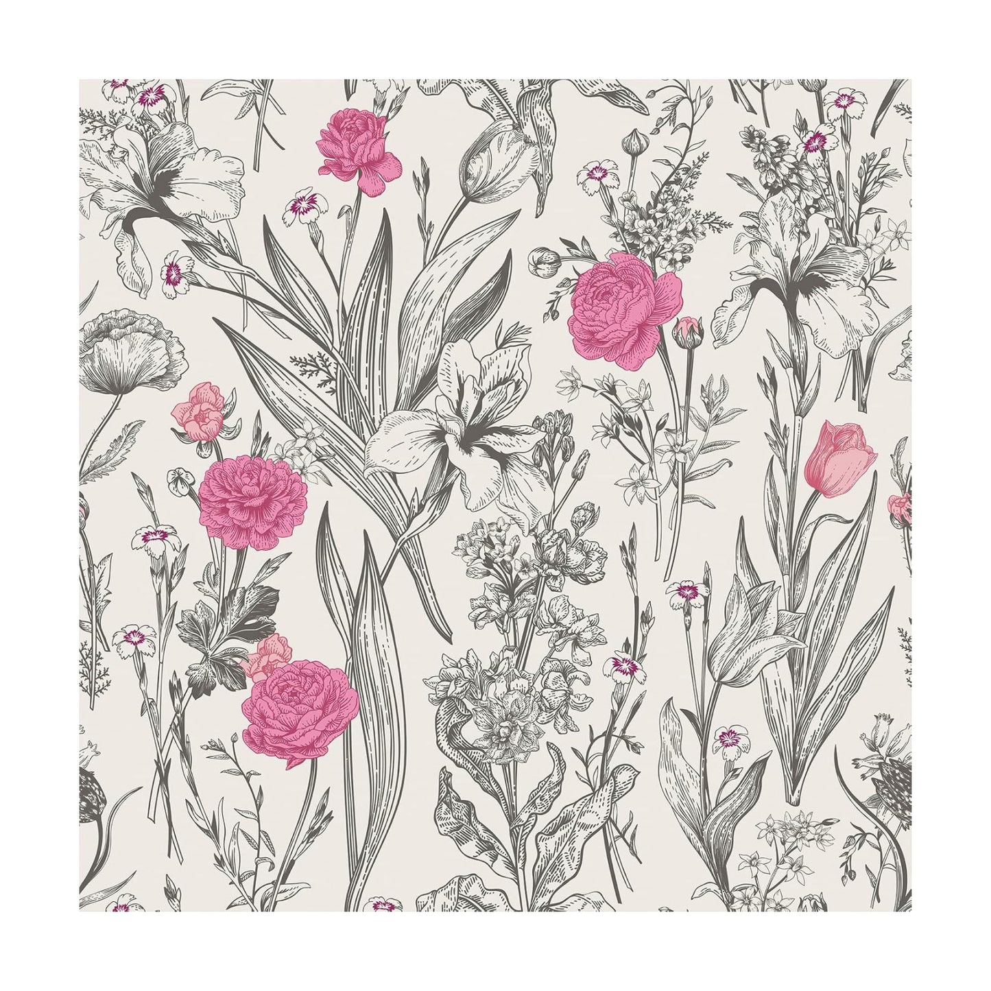 17.7''x354'' Grey Sketch Floral Wallpaper Vintage Pink Flower Peel / 17.7 x 354 / Grey, Pink
