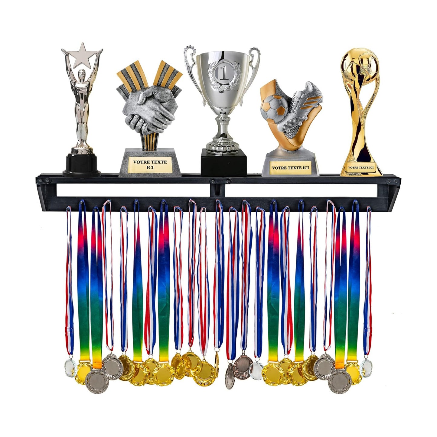 LAVIEVERT Gymnastic Medal Hanger with Storage Shelf, Wooden Wall-Mounted Trophy Shelf, Race Medal Display Rack Holder