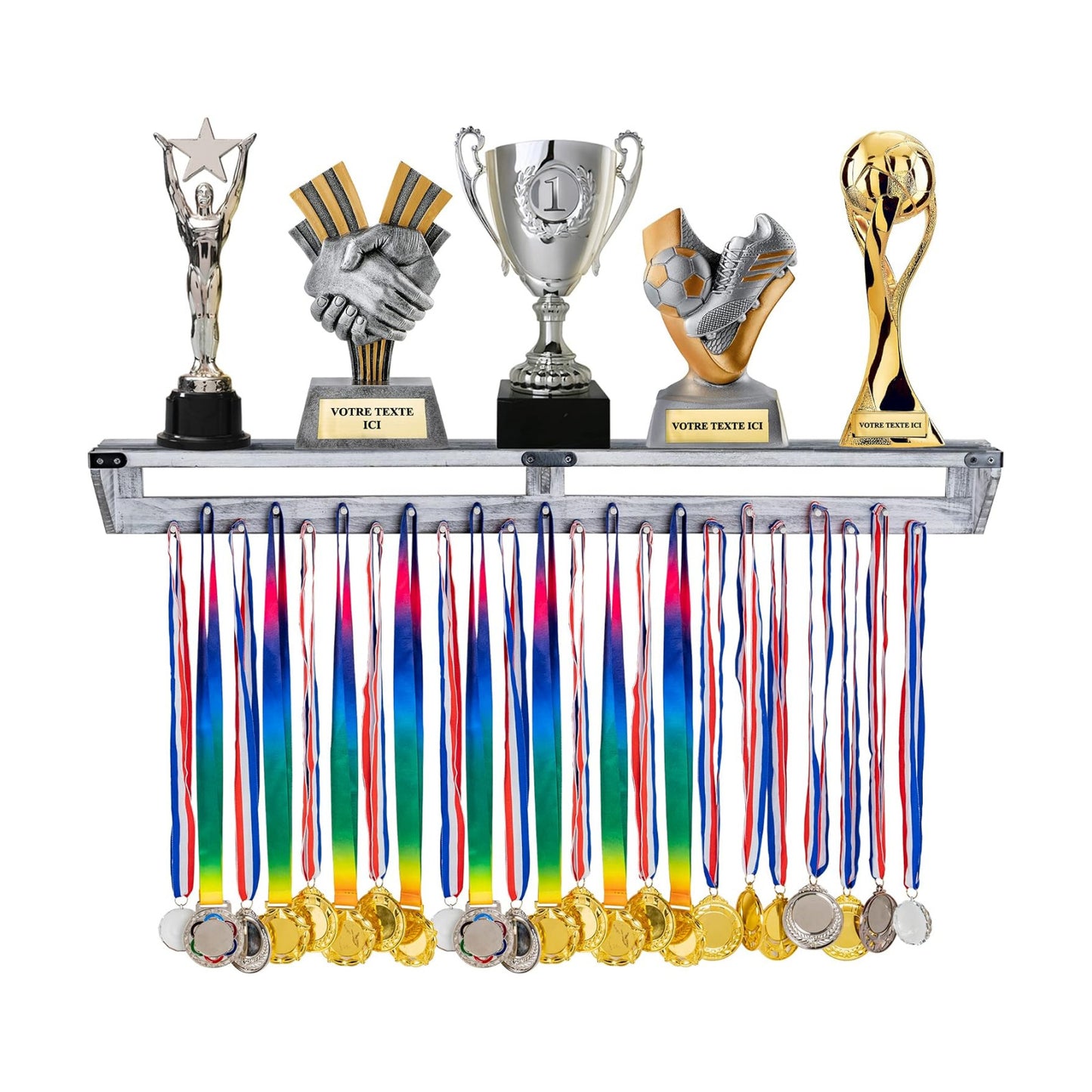 LAVIEVERT Gymnastic Medal Hanger with Storage Shelf, Wooden Wall-Mounted Trophy Shelf, Race Medal Display Rack Holder