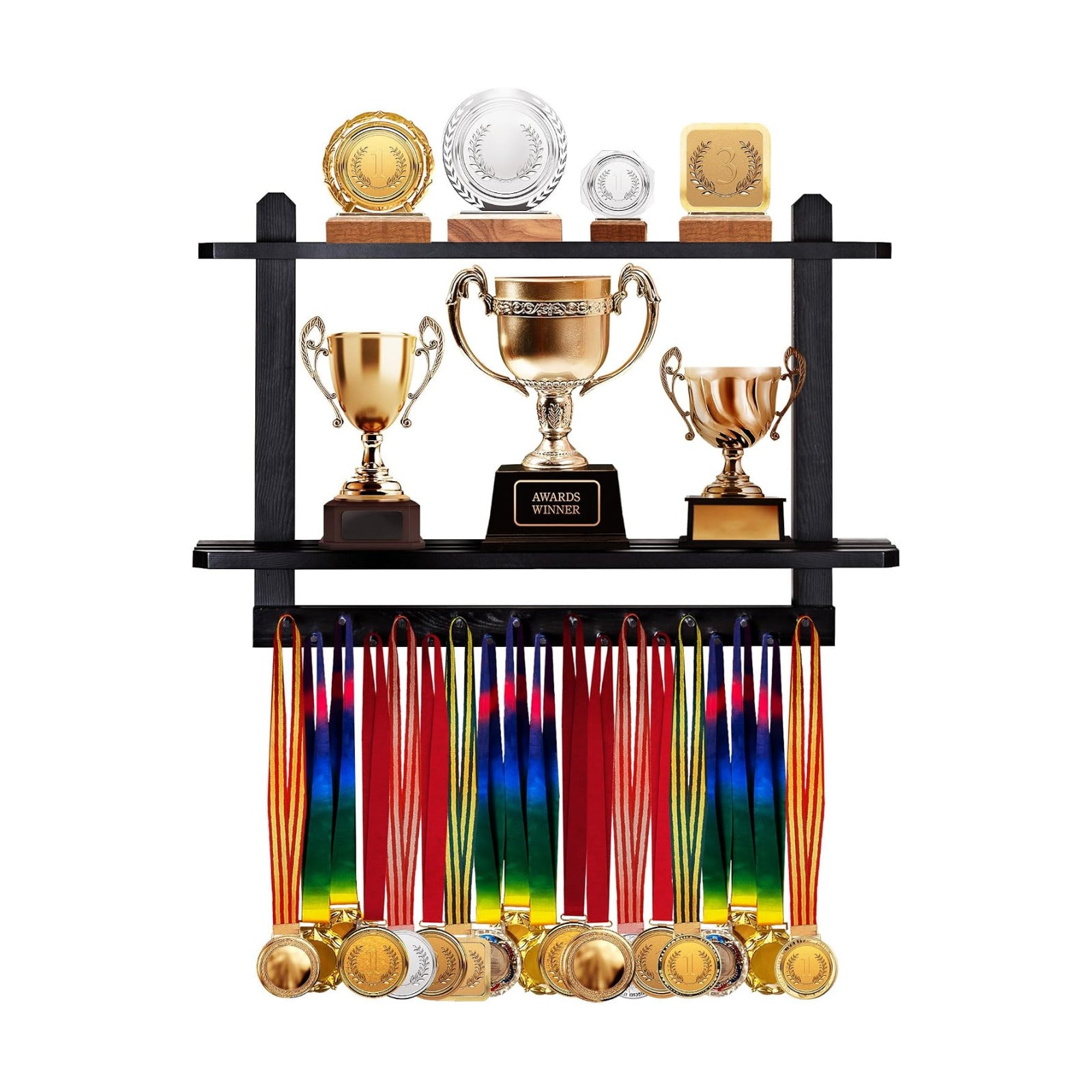 LAVIEVERT Wooden Medal Hanger & Trophy Shelf, Wall-Mounted Race Display with 2 Tier Storage Shelf and 19 Hanging Bars