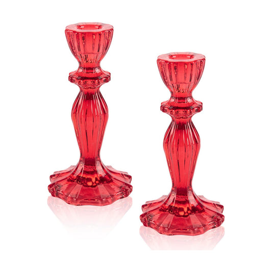 Glass Candle Holders, 2PCS Wide Base Candlestick Holder Decorative Candle Stand Table Centerpieces for Wedding Birthday Halloween Christmas Party, Red