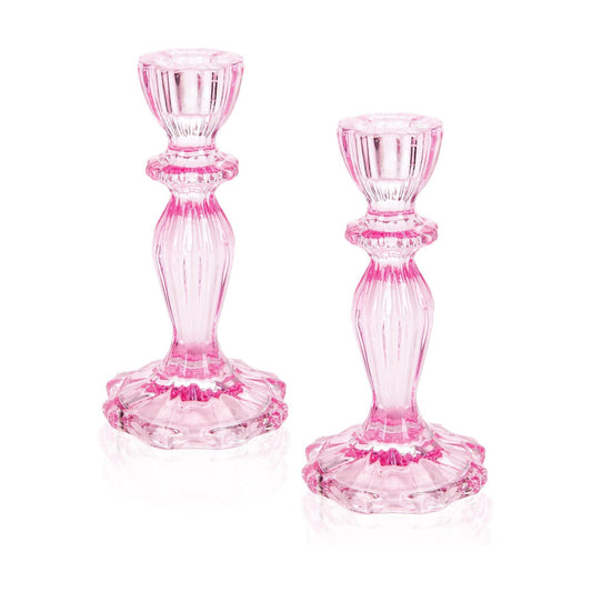 Glass Candle Holders, 2PCS Decorative Candle Stand Wide Base Candlestick Holder Table Centerpiece Decor for Wedding Festival Party Windowsill, Pink