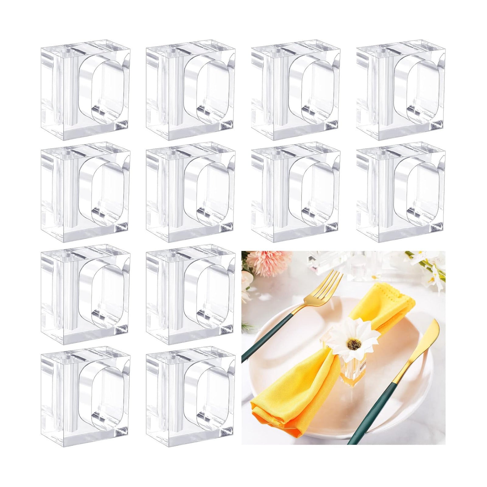 12 Pcs Acrylic Napkin Rings Clear Napkin Holder Bulk | Square Flower Bud Vase Combo for Wedding, Birthday Banquet Table