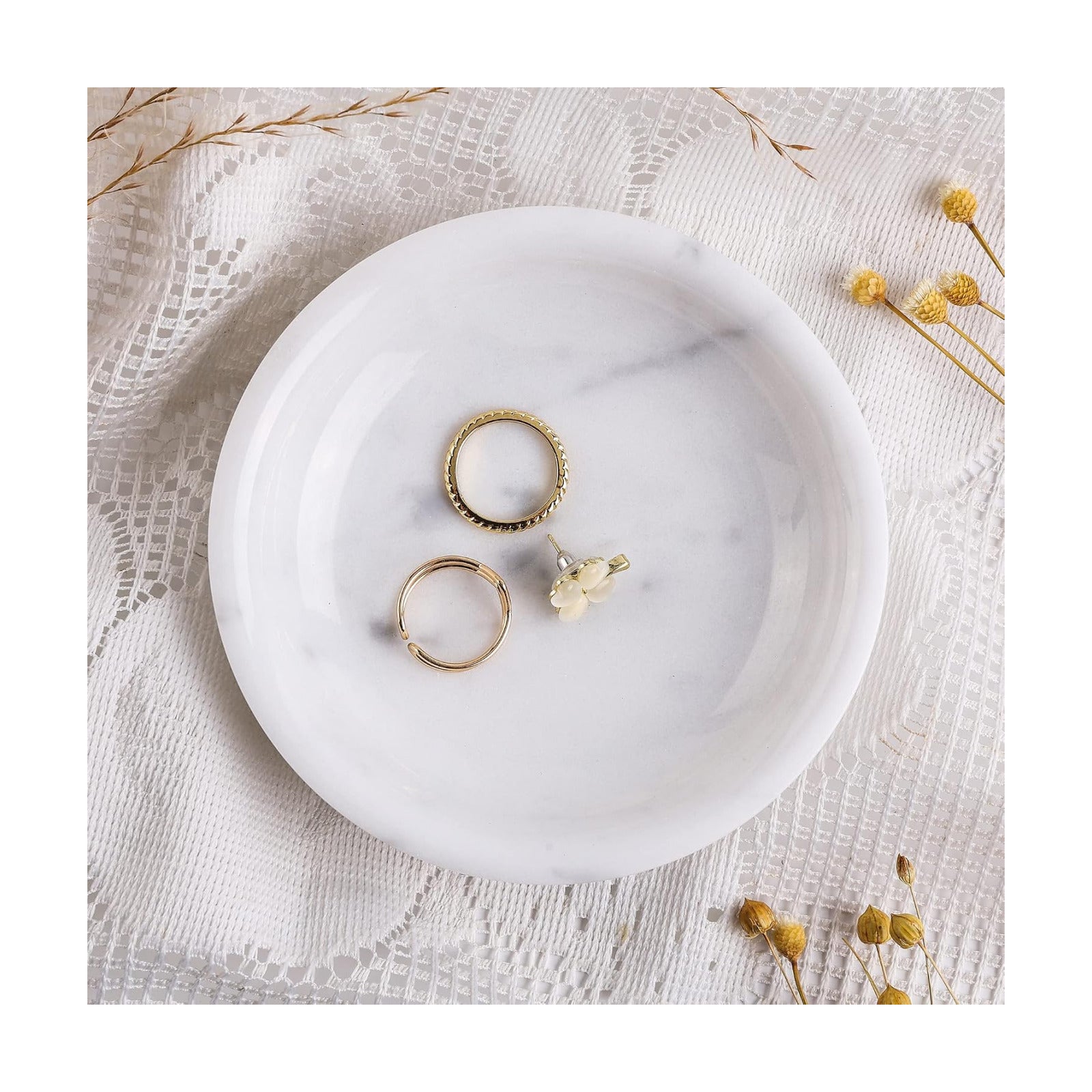 Natural Marble Travertine Ring Dish Jewelry Tray 5.5" for Women / Italian White