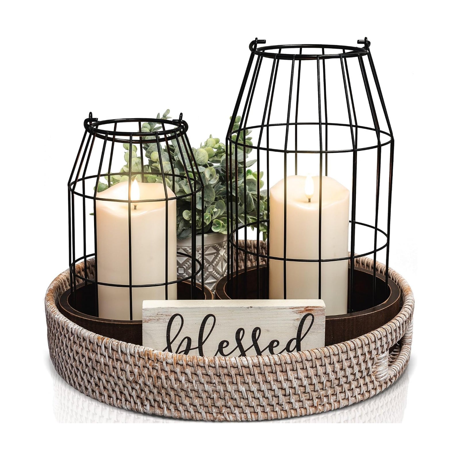 Rustic Farmhouse Lantern Decor Set of 2 - Stylish Decorative Lanterns | Modern Indoor/outdoor Coffee Table Decor for