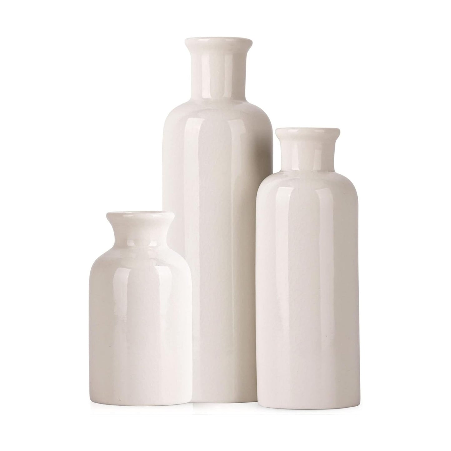 White Ceramic Vase Set - 3 White Small Vases, Farmhouse Country Flower Vase Home Decor, Living Room Decoration, Table