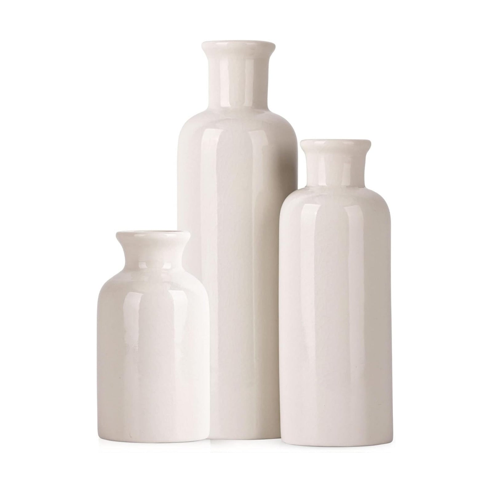White Ceramic Vase Set - 3 White Small Vases, Farmhouse Country Flower Vase Home Decor, Living Room Decoration, Table