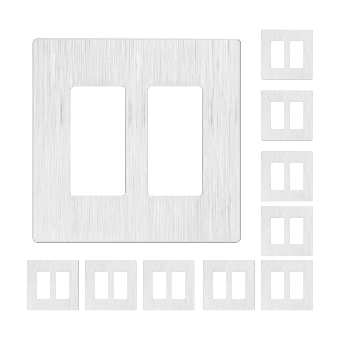 LIDER Double Decorator Switch Cover, Screwless Wall Plate, Mid-Size 2-Gang | 10-Pack, Brushed White, Polycarbonate