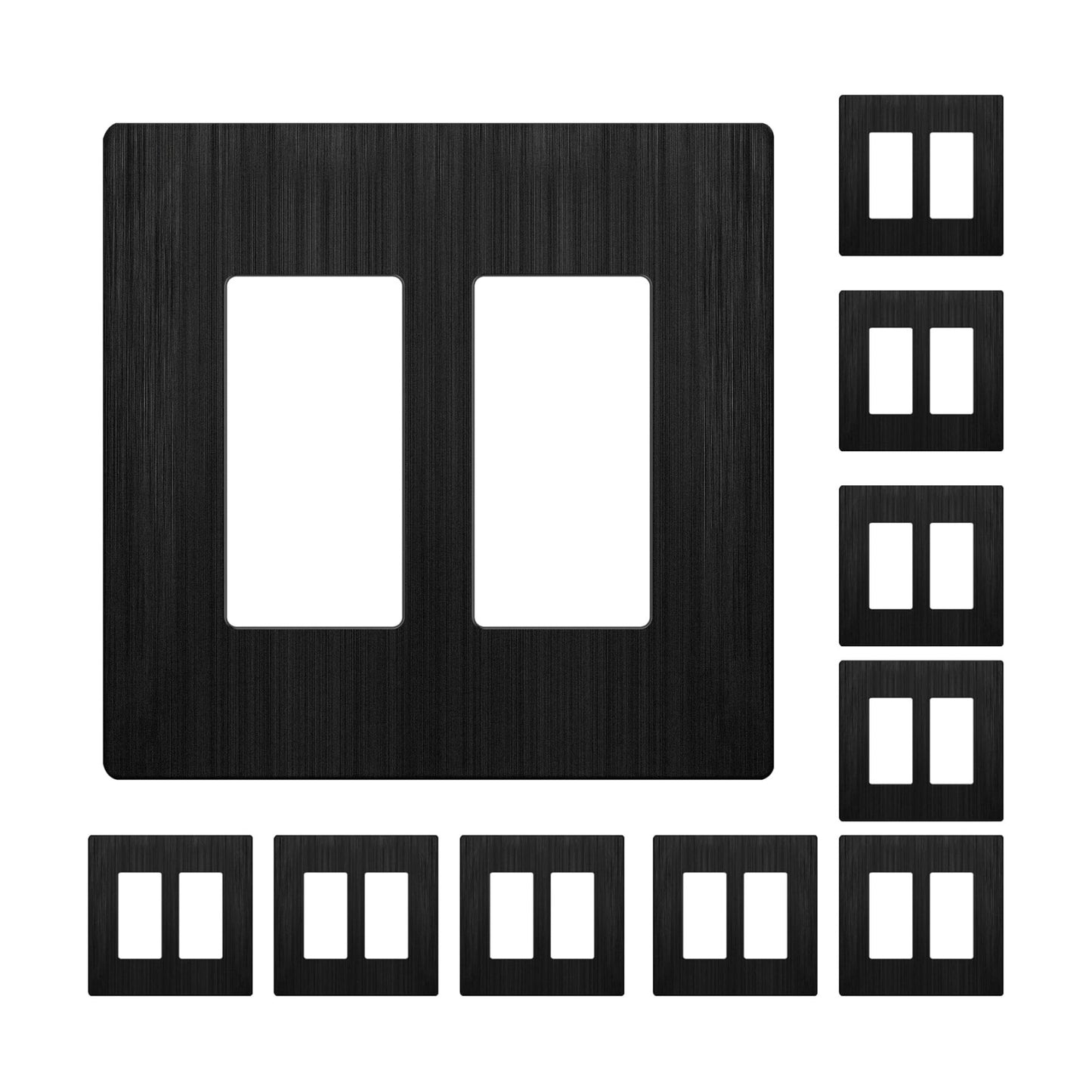 LIDER Double Decorator Switch Cover, Screwless Wall Plate, Mid-Size 2-Gang | 10-Pack, Brushed Black, Polycarbonate