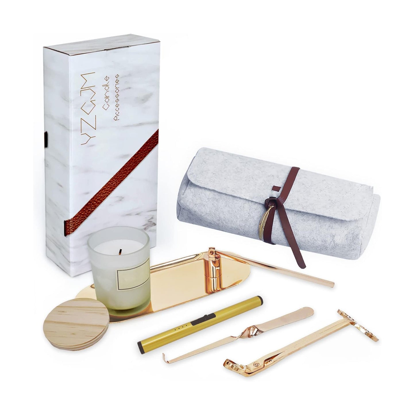 Exquisite Candle Accessories Tool Pack Bag, Rechargeable Electric Lighter， Wick Trimmer, Dipper, Snuffer and Tray